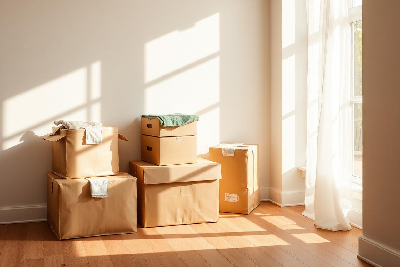 Neatly packed moving boxes in a sunlit, uncluttered room