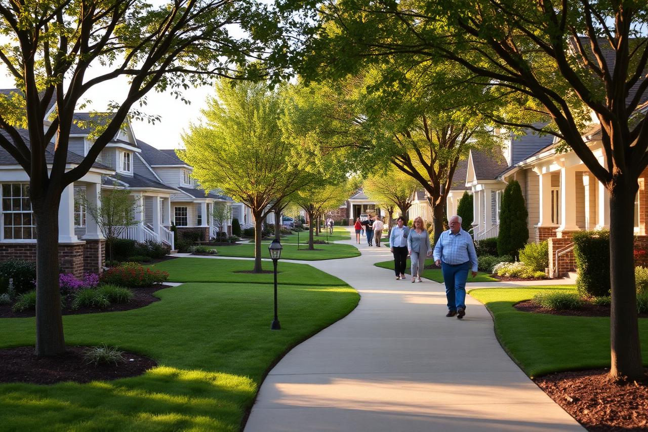 Tree-lined walking path through an upscale low-maintenance 55+ community