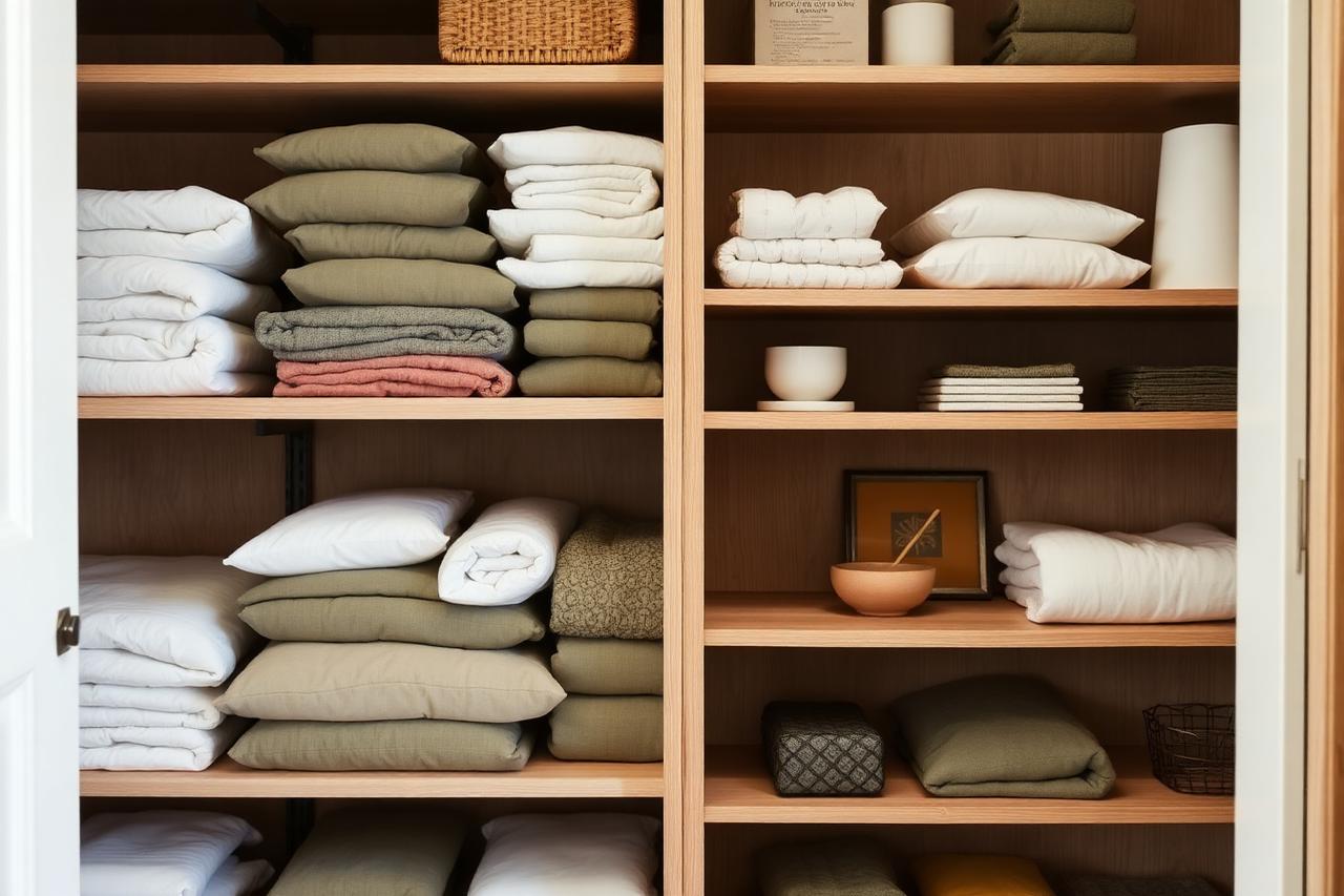 Organized oak shelving with folded linens and a few curated objects