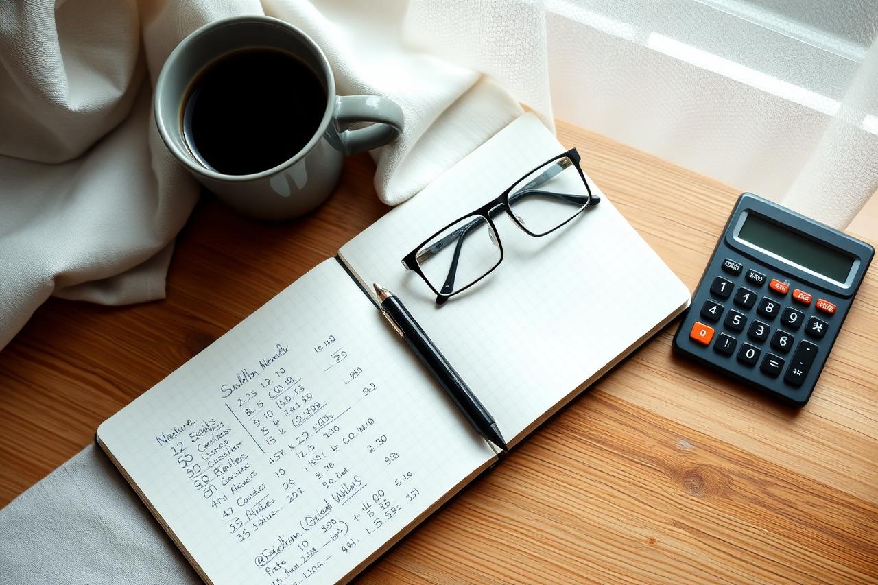 Notebook of home cost calculations with glasses, coffee, and a calculator