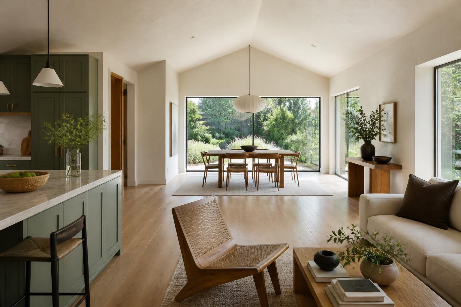 A refined, uncluttered single-story home interior with white oak floors and sage cabinetry