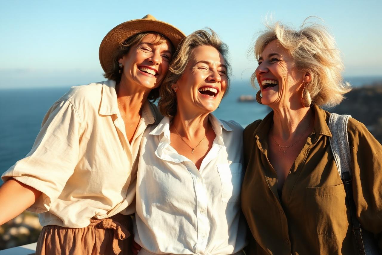 Three women over 50 laughing together outdoors on a coastal trip