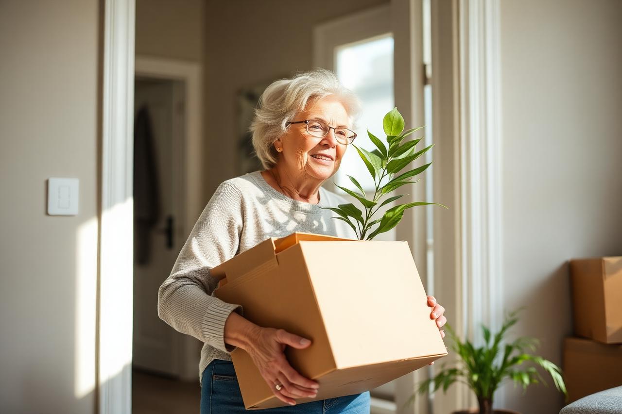 Woman over 50 settling joyfully into a smaller home near family