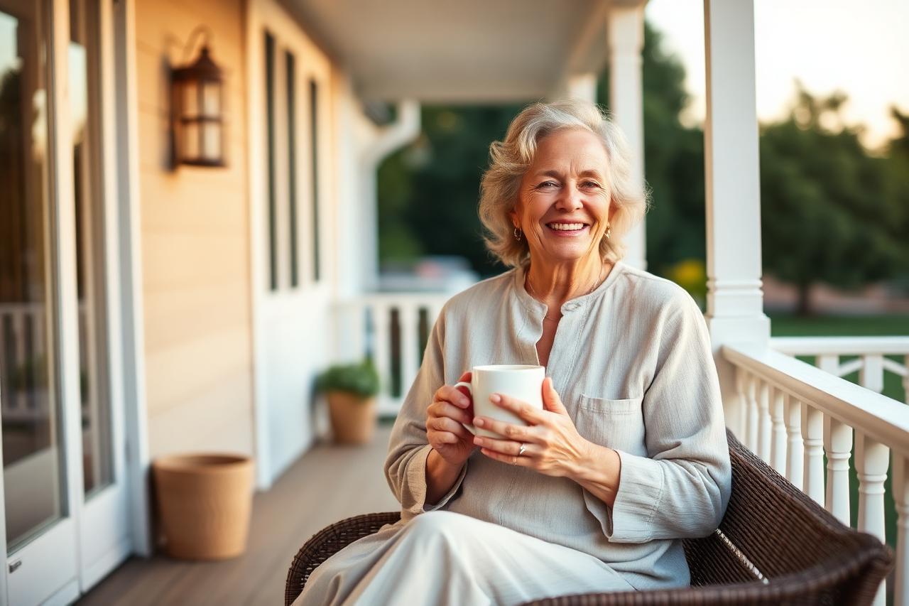 Smiling woman in her fifties enjoying coffee on a peaceful porch at sunrise