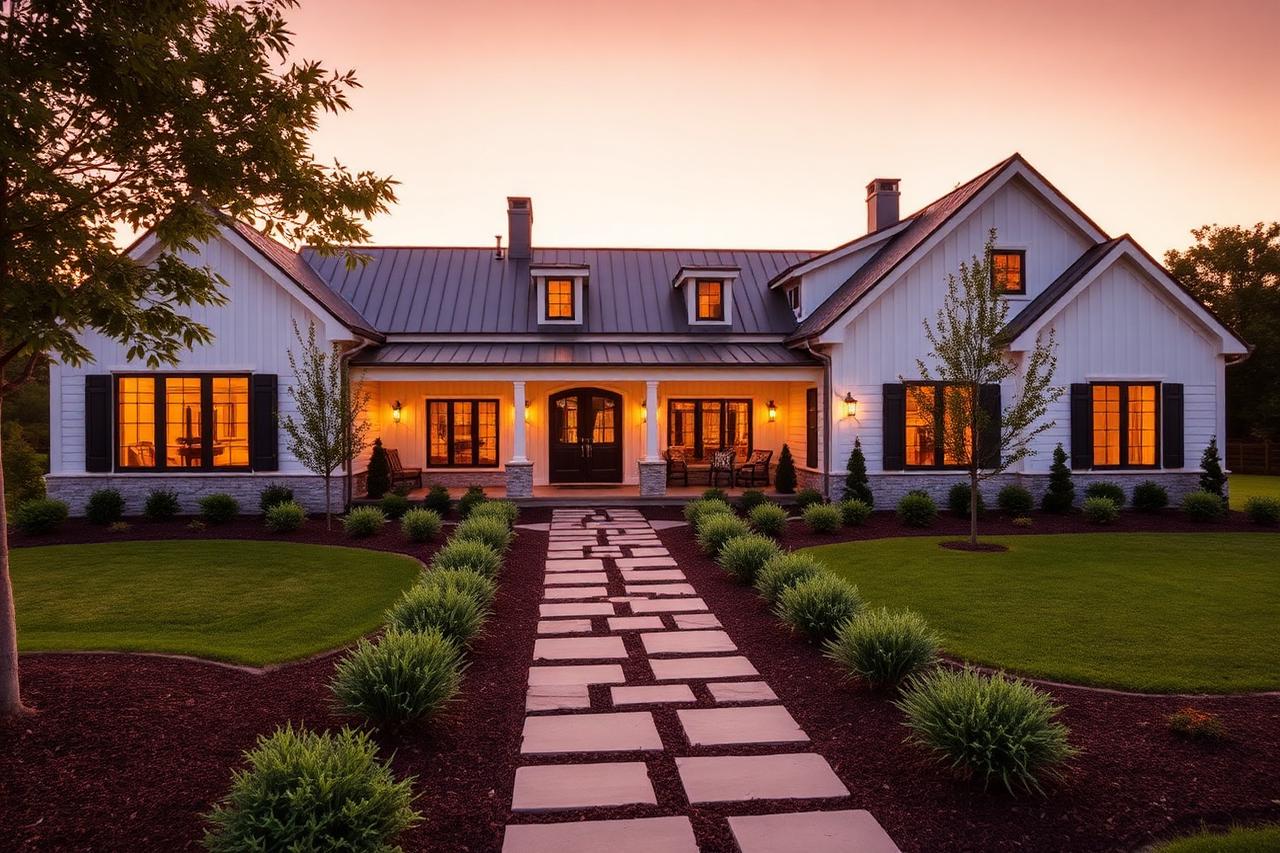 Elegant modern farmhouse with landscaped front walk at golden hour