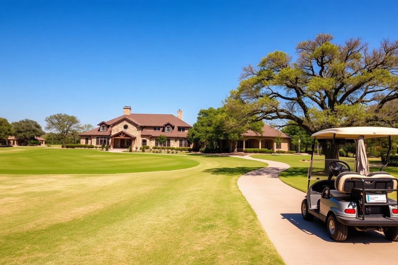 Golf course, limestone clubhouse and golf cart path at Sun City Texas in Georgetown